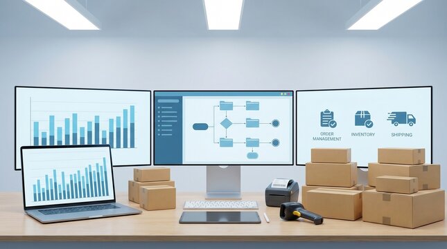 Professional Logistics Warehouse Management Workstation Featuring Multiple Digital Screens for Supply Chain Data Analytics and Automated Inventory Tracking