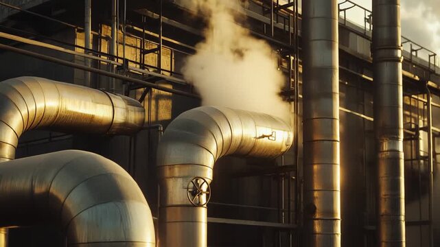 Industrial pipes and chimneys of a heavy industry plant releasing large plumes of steam or smoke, symbolizing environmental concerns, energy production, and manufacturing processes