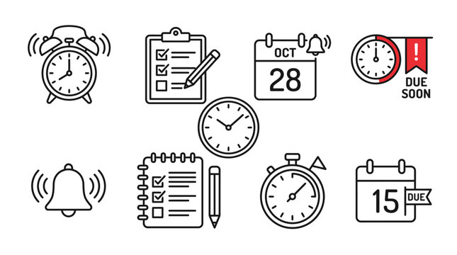 A collection of various clocks and calendars with alarms and deadlines.
