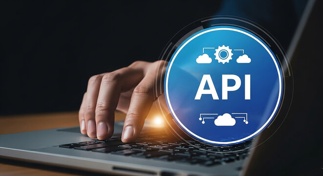 API Integration on Laptop: A close-up shot shows a person's hand typing on a laptop keyboard, with a glowing blue circle displaying API and cloud icons.
