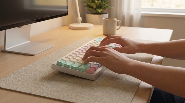 Detailed 3D Visualization of Person Hands Typing on Minimalist Mechanical Keyboard with Pastel Keycaps on Home Office Desk