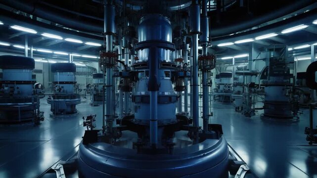 Industrial facility featuring numerous reactor core structures and complex piping systems, generating power with advanced technological solutions in a futuristic setting