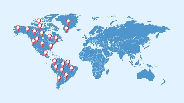 Animated world map with multiple red location pins popping up across North and South America