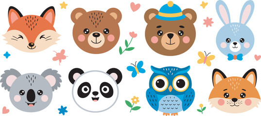 Cute animal faces set with fox bear rabbit panda owl koala and colorful cartoon characters vector illustration collection for children’s products, educational materials and playful branding design. © Sahed