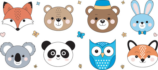 Cute animal faces set with fox bear rabbit panda owl koala and colorful cartoon characters isolated vector pack featuring friendly wildlife mascots for stickers, nursery decor and kids themed graphics © Sahed