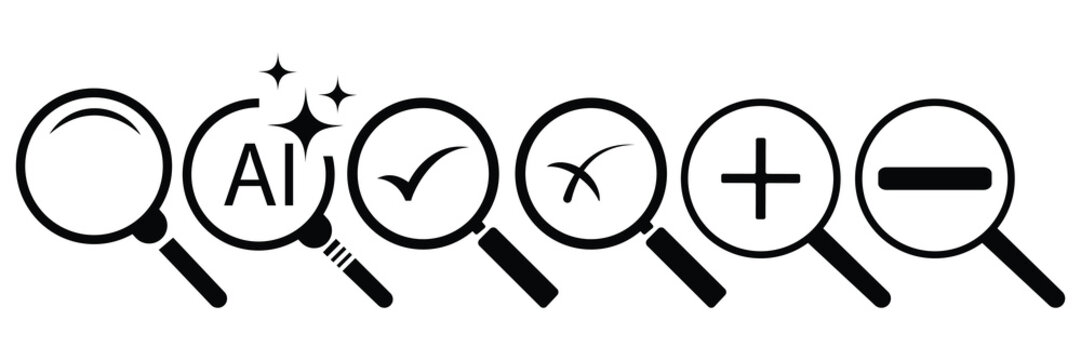 Set of minimalist magnifying glass line icons featuring AI search, zoom in, zoom out, checkmark, and cross symbols on a white background.