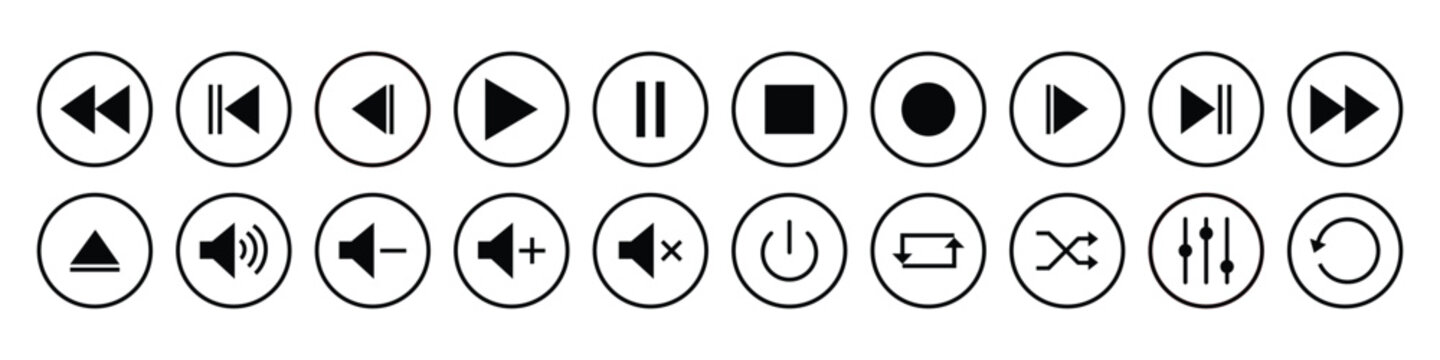 Minimalist black and white media control icon set inside circles. Includes play, pause, volume, power, and navigation buttons for audio and video interfaces.