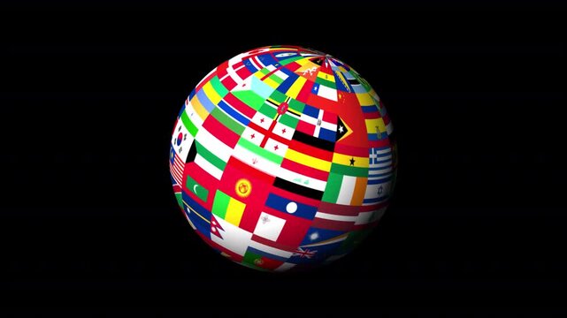 animated world country flags in sphere globe 360 degree rotating effect on black background, png file, alpha channel