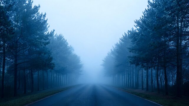Into the Unknown &mdash; Empty Road Disappearing into Morning Fog, Travel Concept 16:9