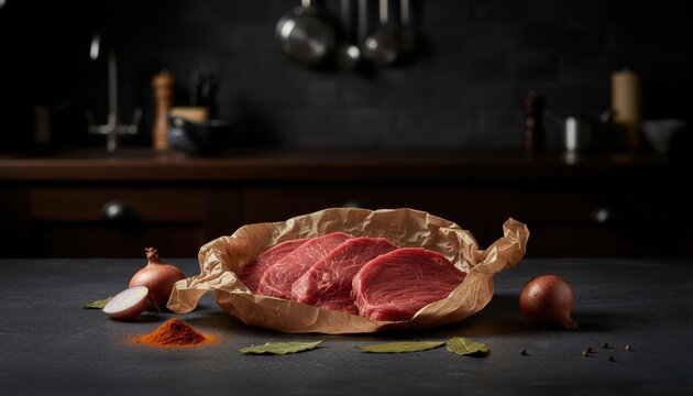 Premium raw beef steaks in artisanal wrap on dark slate