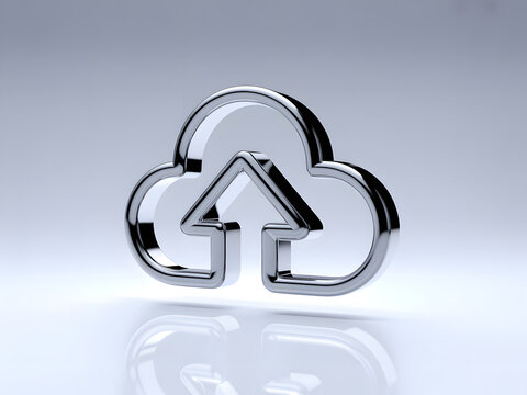 A shiny, metallic, 3D-rendered cloud icon with an upward arrow, symbolizing cloud upload or data transfer.