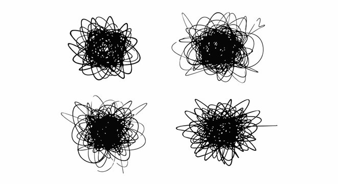 Four abstract black scribbles on a white background, representing chaos and confusion.