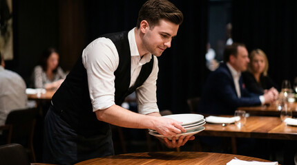 Obraz premium Waiter serving stacked plates at a restaurant table during dinner 