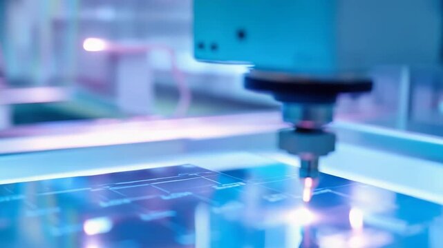 Automated industrial machine using advanced laser technology for precise cutting and engraving on a metal sheet, showcasing modern manufacturing processes and robotics in action