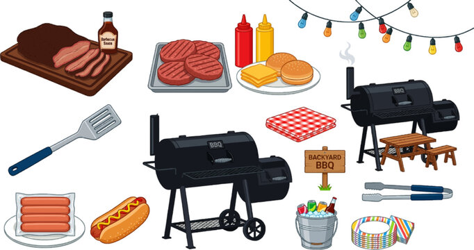 Large Collection of Backyard BBQ Elements with Smokers and Food