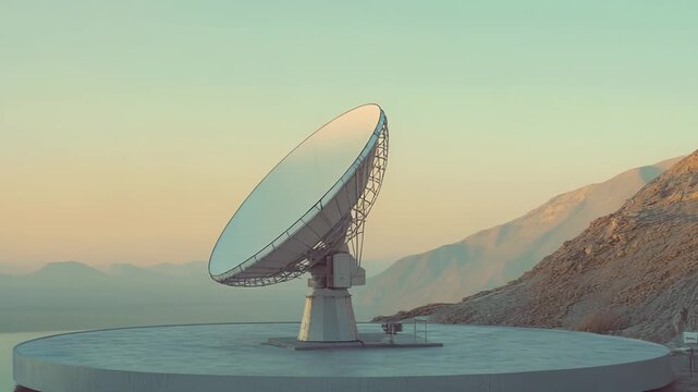 Large parabolic antenna setup on a calm body of water next to barren mountains, actively receiving data and fostering research in astronomical studies and global communication against a clear sky