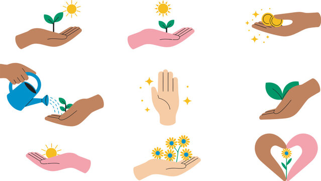 Diverse hands holding and caring for growing plants and flowers with watering can nature concept vector illustration set representing environmental stewardship, sustainability and community gardening 