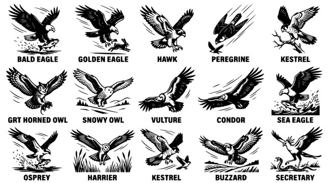 Various bird species depicted in detailed vector graphic illustrations together
