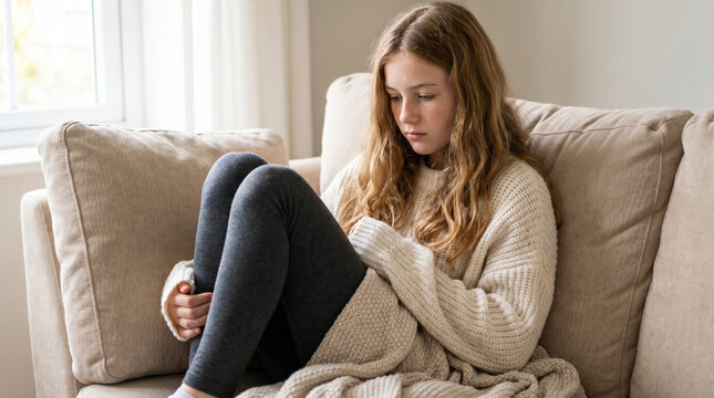 Young girl sitting on couch, looking thoughtful in a cozy living room  