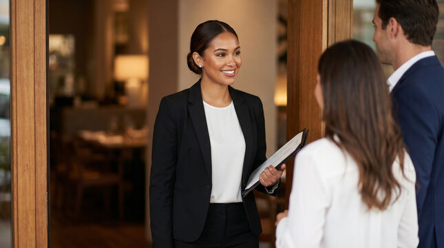 Restaurant hostess greeting guests at entrance with friendly smile  