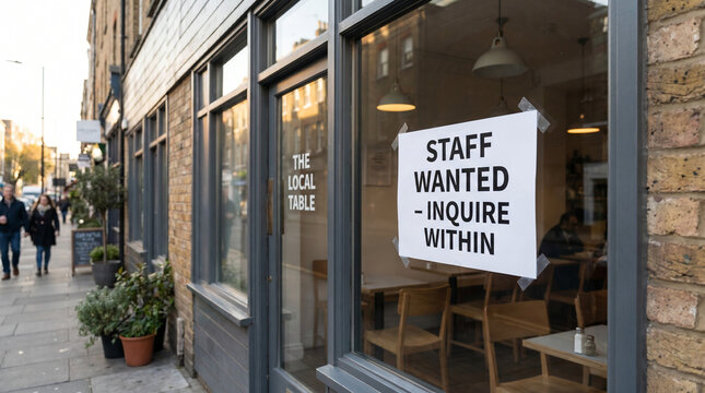 Restaurant window with staff wanted sign inviting inquiries within  