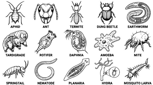 Various microscopic and macroscopic vector illustrations of tiny creatures and insects