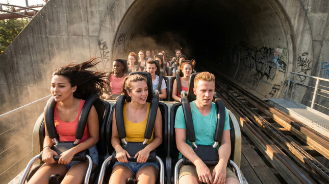 Group of young people enjoying roller coaster ride in tunnel  