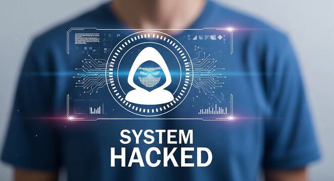 Digital Intrusion: A hooded figure, representing a hacker, is depicted behind a futuristic digital interface, with the ominous message SYSTEM HACKED displayed.