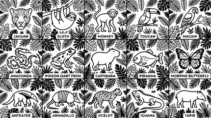 Fototapeta premium Black and white illustration of various jungle animals and plants design