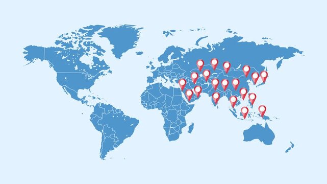 Animated world map with multiple red location pins popping up across Asia and the Middle East