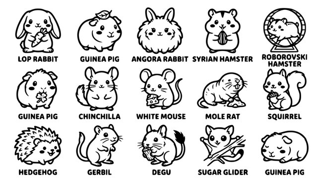 Cute vector illustrations of small animals and rodents in black and white