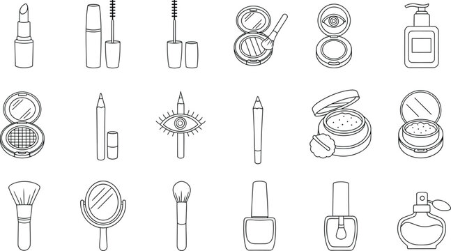 Collection of hand drawn cosmetic and beauty makeup icons in a simple sketch style