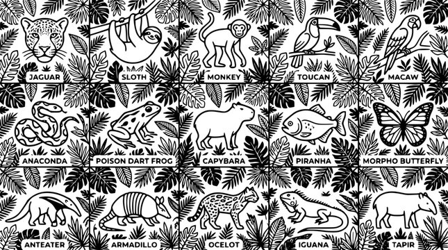 Black and white illustration of various jungle animals and plants design
