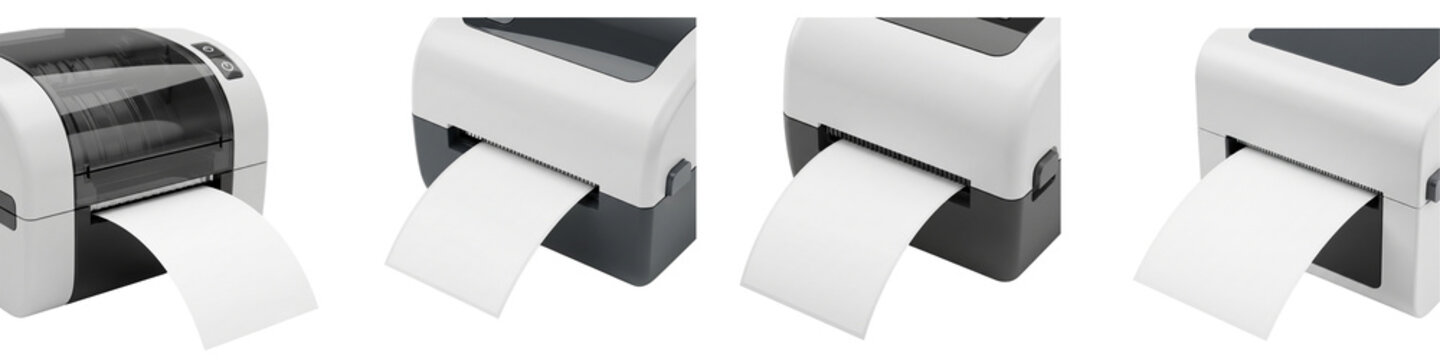 Thermal barcode label printer set with blank white paper isolated on black