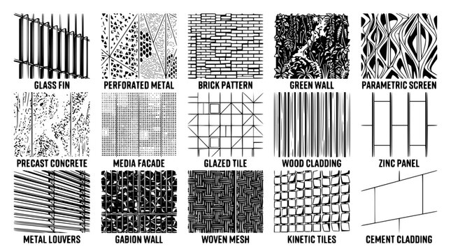 Various architectural wall and facade design patterns in black and white