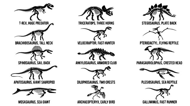 Various dinosaur skeletons with labels on white background vector graphic illustration