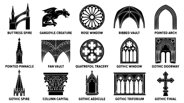 Gothic architectural elements vector graphic illustration with labels