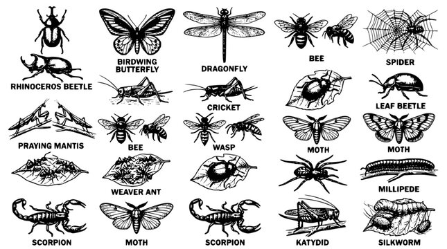 Vector illustration of various insects and arachnids in black and white