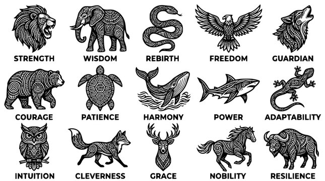 Symbolic animal designs representing various virtues and characteristics in vector illustration
