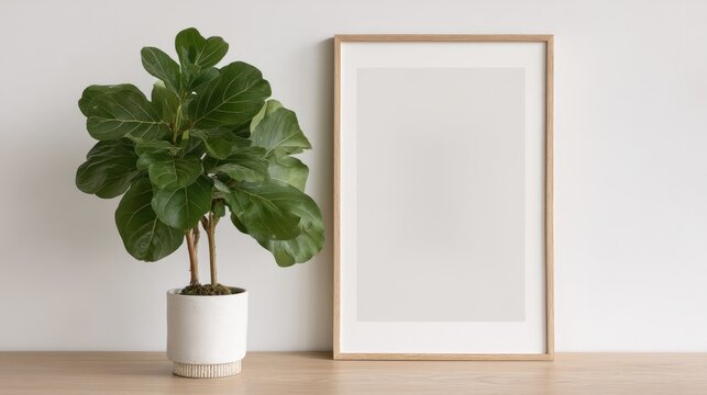 Fiddle leaf fig plant and framed art mockup on wooden surface