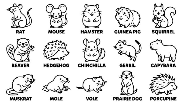 Vector illustration of various rodents and similar small mammals with labels