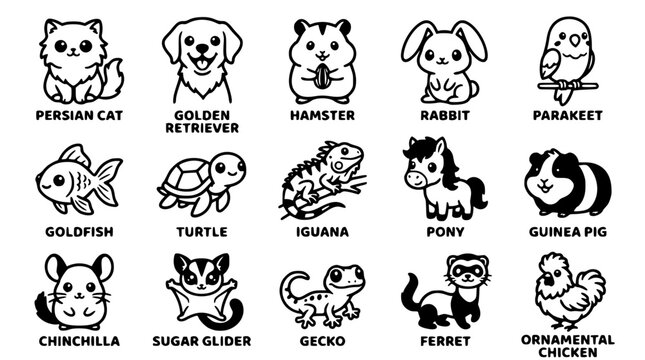 Cute black and white vector illustrations of various household pets