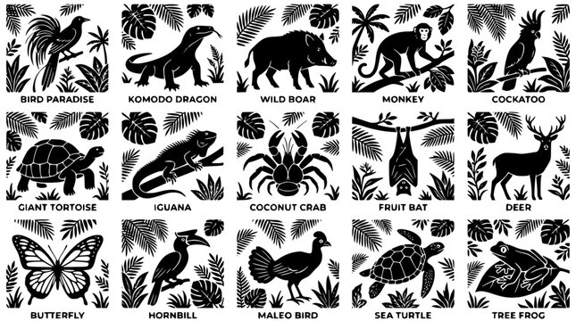 Black and white vector illustration of tropical animals and plants design