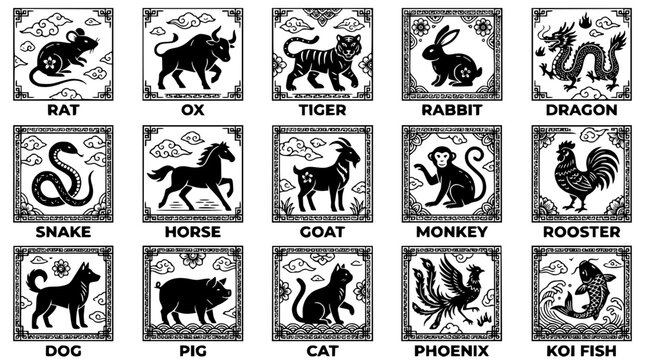 Black and white vector illustration of chinese zodiac animals in squares