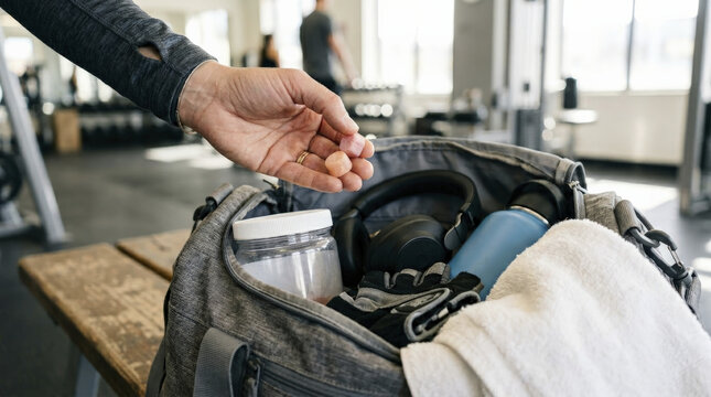 Person grabbing a pink creatine gummy from a gym bag, fueling up for an effective workout.