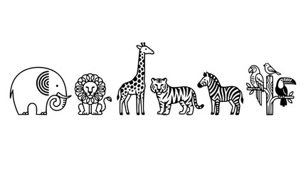 Fototapeta premium Black and white vector illustration of various wild animals together