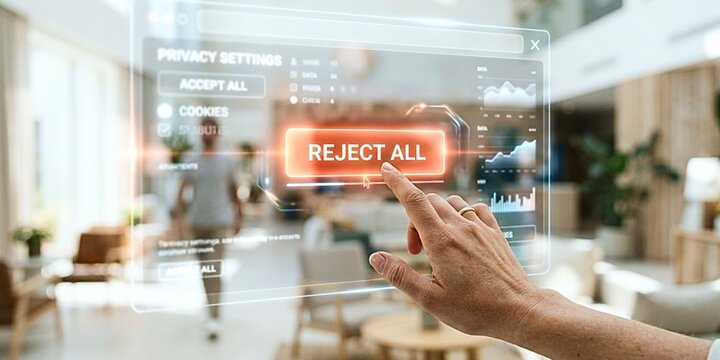 human hand rejecting all cookies on holographic privacy settings interface.
