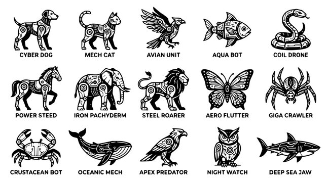 Collection of robotic animal illustrations with mechanical details and designs