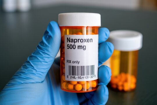Gloved hand holding a bottle of naproxen medication