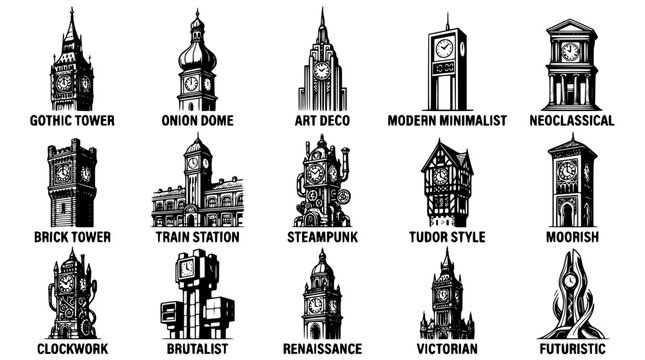 Various architectural clock tower designs in different styles illustrated